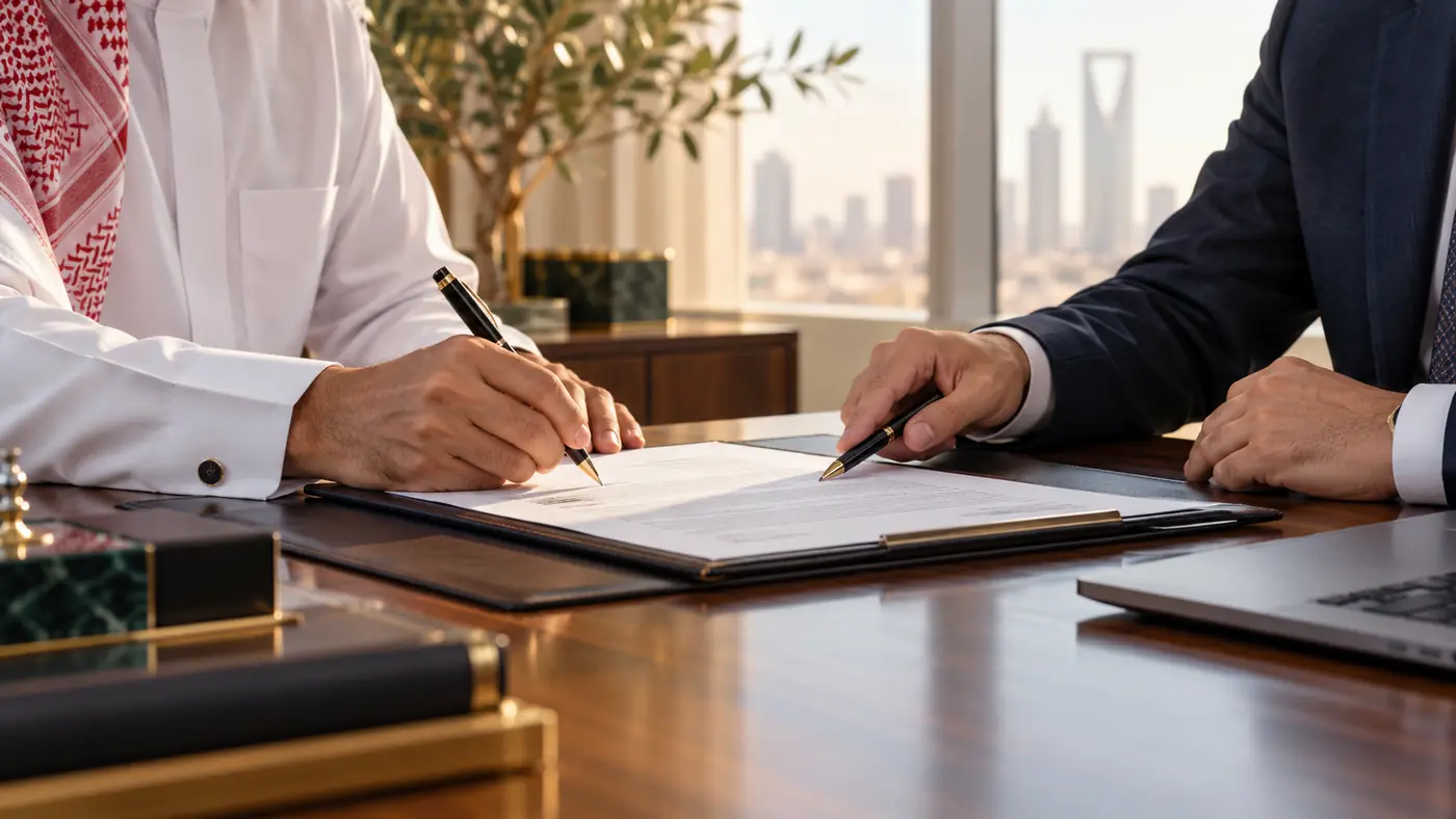 توقيع ومراجعة عقد في مكتب أعمال