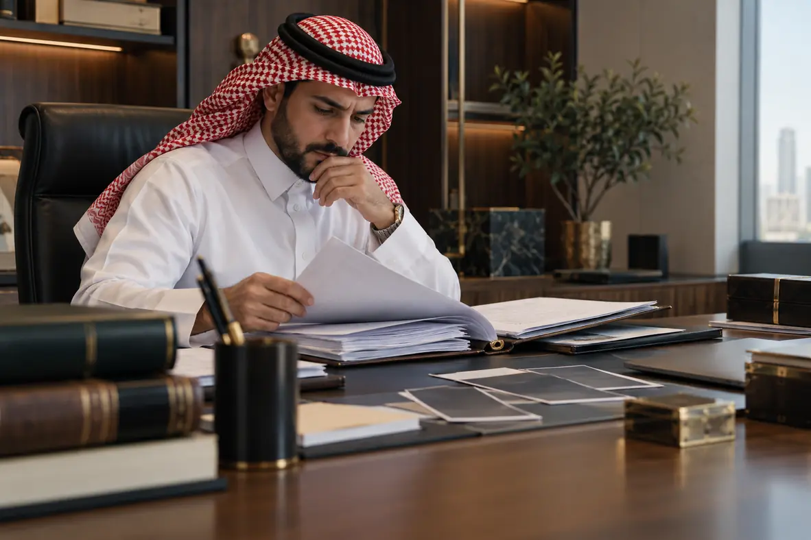 محامٍ يراجع ملف قضية جزائية بسرية