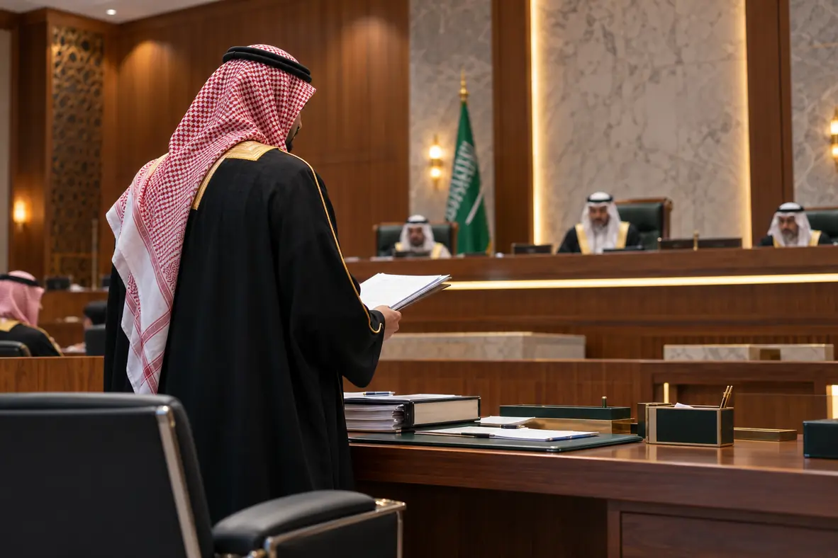 محامٍ يترافع أمام المحكمة