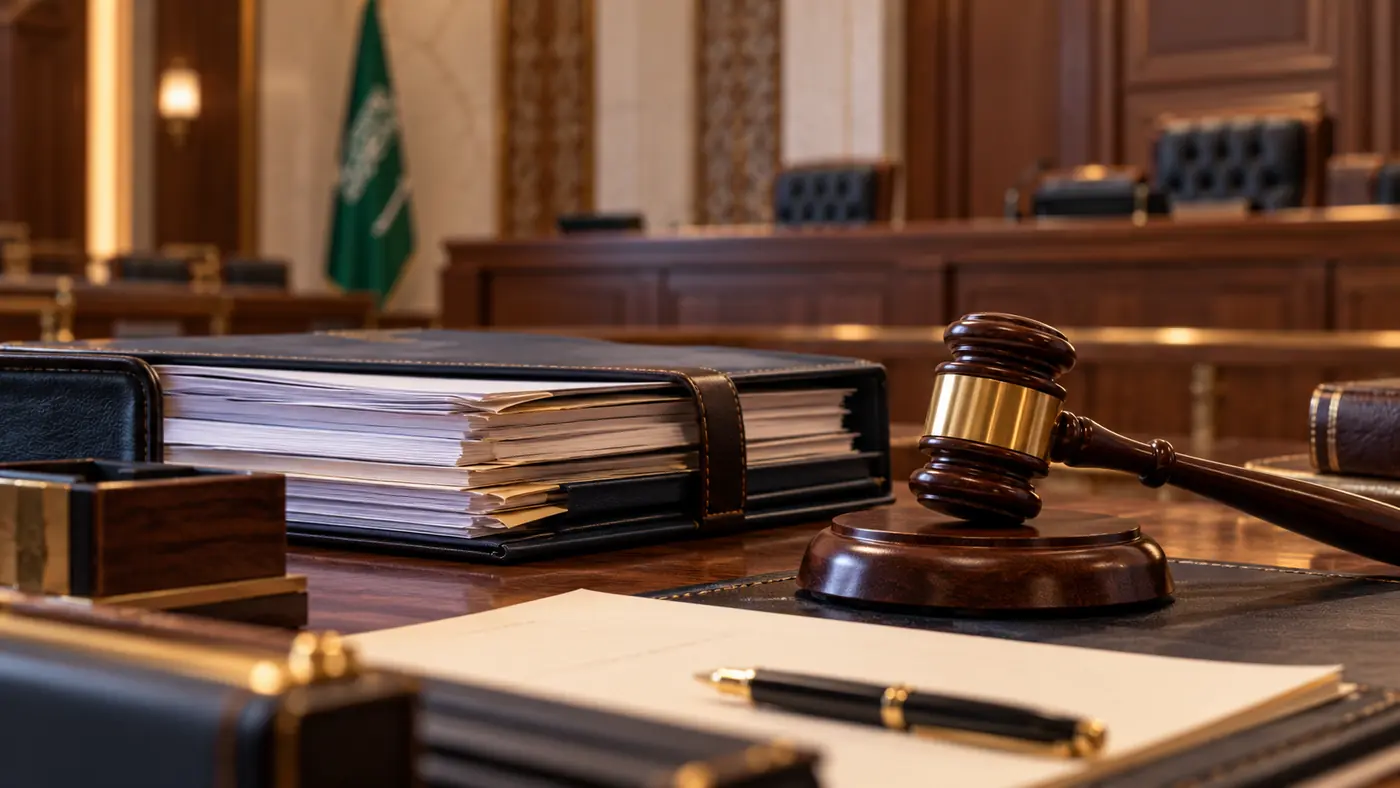 ملفات ومستندات قانونية داخل قاعة قضائية
